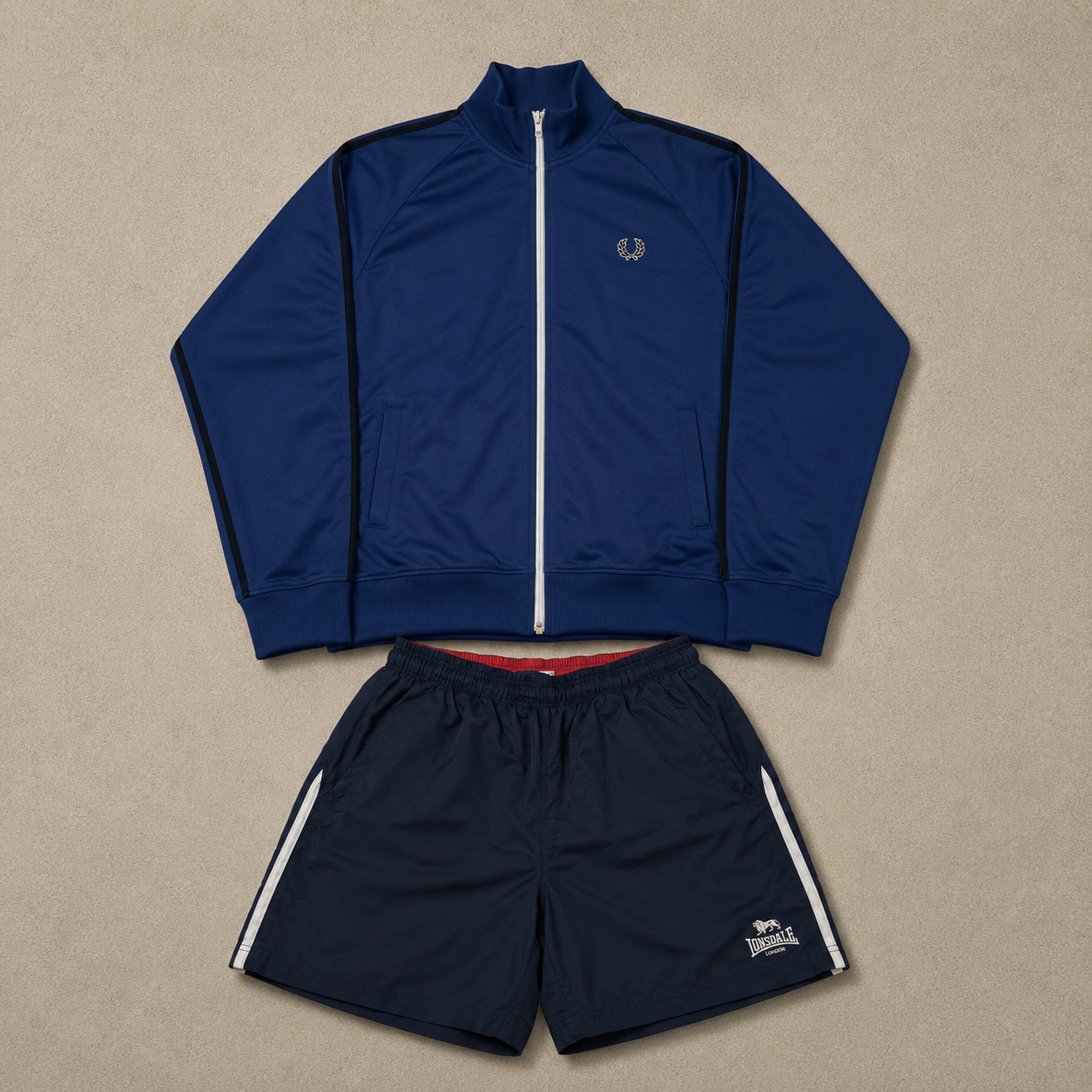 Fred Perry Track Jacket x Lonsdale Shorts Set Navy Blue (L)